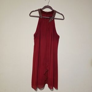 SLNY Red Dress with Embellished Neckline